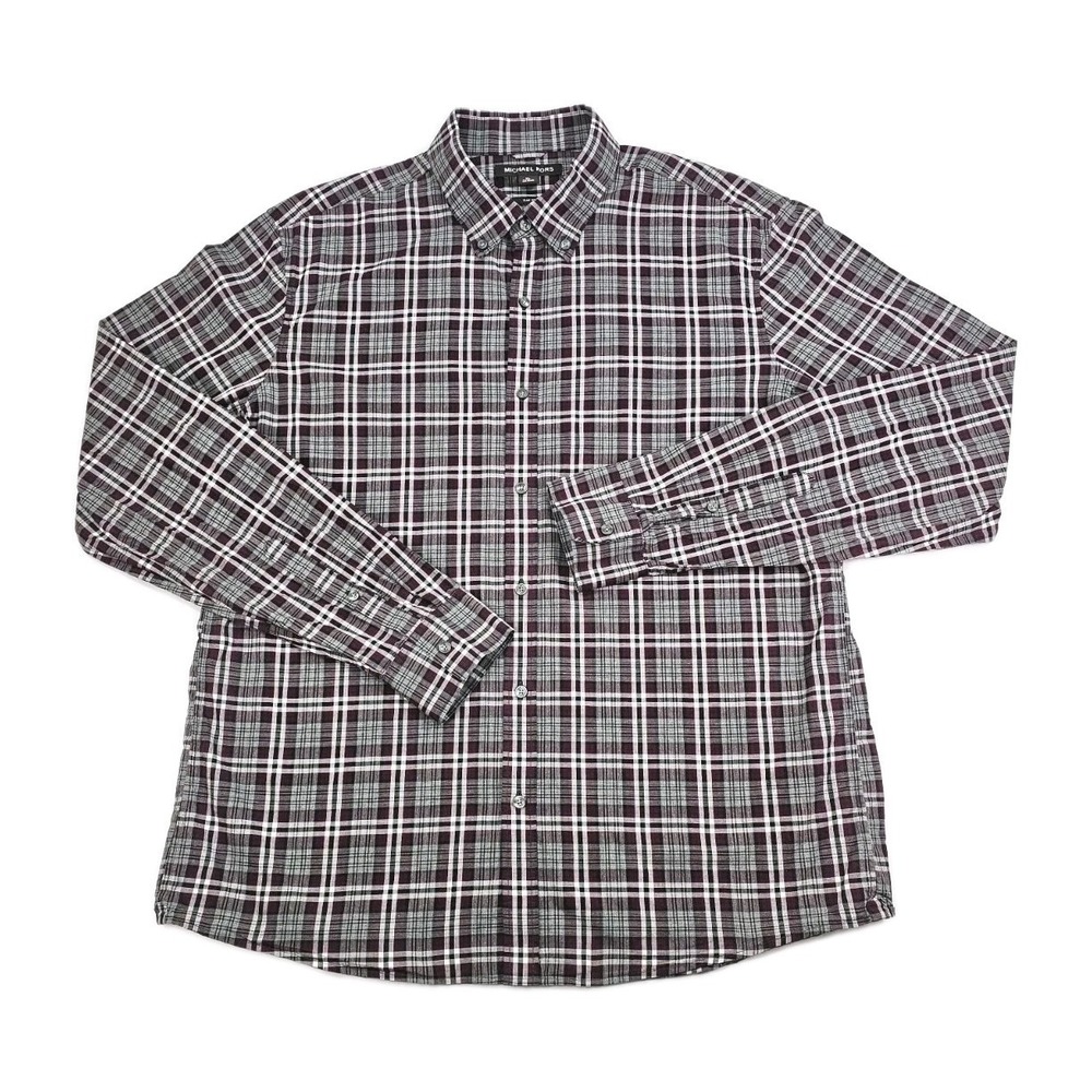 Michael Kors Slim Fit Men's XL Red Gray Plaid Long Sleeve Button Up Dress Shirt